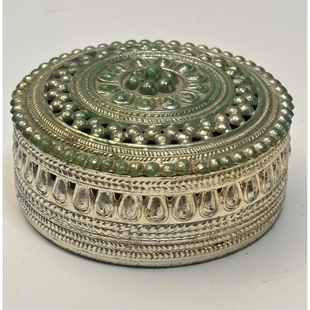 1960s Trinket Jewelry Box Green Plastic Beaded Filigree Design Hong Kong